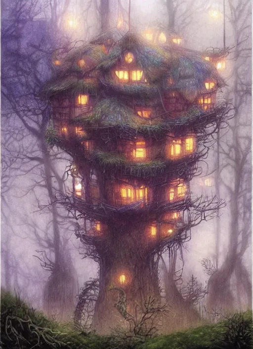 Image similar to treehouse city in the forest with fairy lights, light ground fog, river, detailed fantasy watercolor comic style, subtle colors, by alan lee and john howe