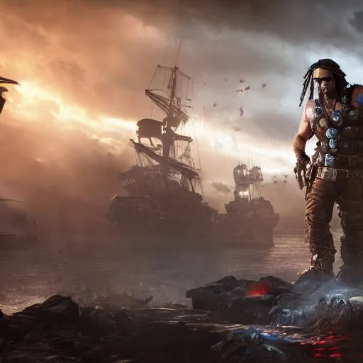 Image similar to ( ( captain jack sparrow ) ) in gears of war, splash art, movie still, cinematic lighting, dramatic, octane render, long lens, shallow depth of field, bokeh, anamorphic lens flare, 8 k, hyper detailed, 3 5 mm film grain