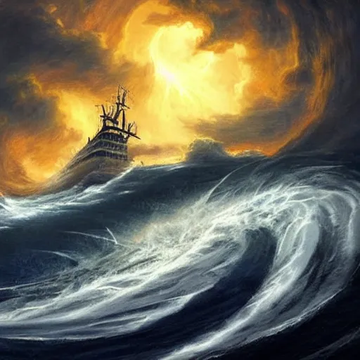 Prompt: a massive whirlpool in the ocean dragging a ship to its center | fantasy dynamic art | lightnings | storm | professional