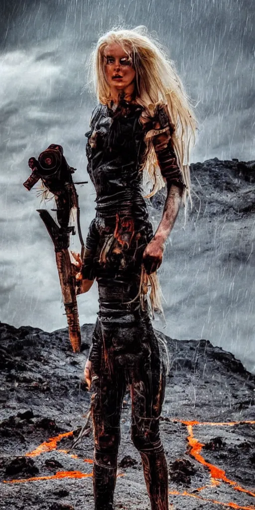 Prompt: volcano eruption post apocalyptic scene with a long - haired blonde cyber girl standing alone futuristic mars mad max bladerunner stormy weather