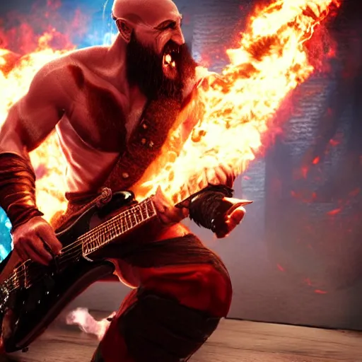 prompthunt: kratos shredding on a flaming stratocaster guitar