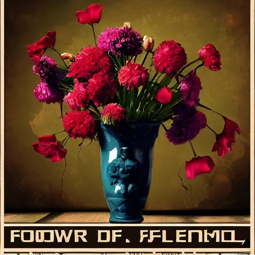 Image similar to flower album art, vase of flowers, dramatic, poster, cover art