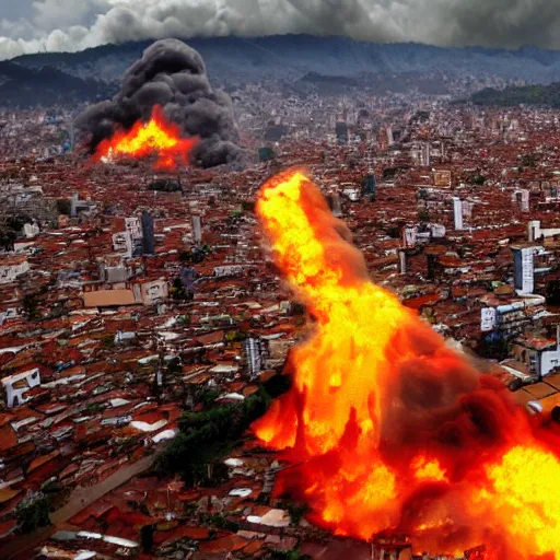 Prompt: a colombian city on fire photo - realistic