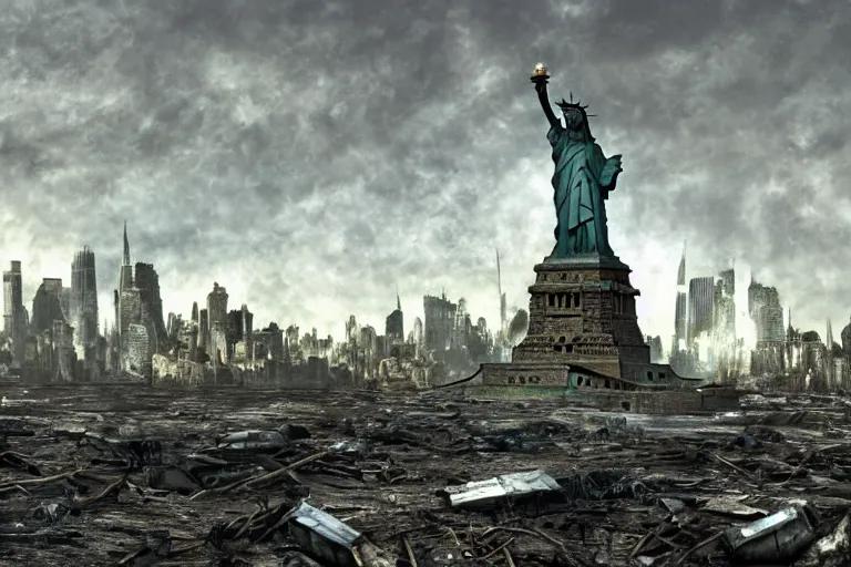 Prompt: The decayed and rotted statue of liberty after nuclear fallout, city of new york wasteland, concept art by Ray Lederer, fallout concept art, wallpaper, trending on art station