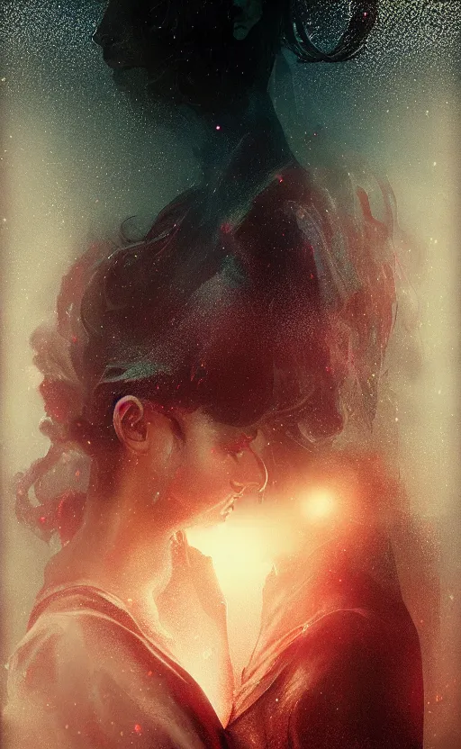 Image similar to a love affair with doubt, dark retrowave, glitch art, interstellar, beautifully lit, by Mab Graves and Bastien Lecouffe-Deharme and steve argyle, artstation, unreal engine