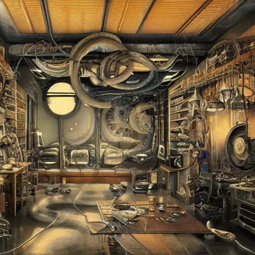 Prompt: detailed painting of a japanese repair shop interior room with celestial ephemeral ornaments and hr giger architecture, artstation, greg crewdson, cinematic