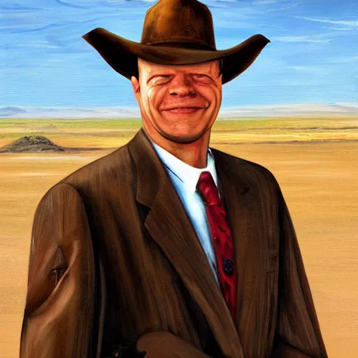 Prompt: old painting of Olaf Scholz in the Wild West desert