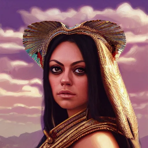 Image similar to a closeup portrait of a young mila kunis as cleopatra, gorgeous view, pyramid background, high detail, art by artgerm and greg rutkowski and alphonse mucha, digital art, trending on artstation