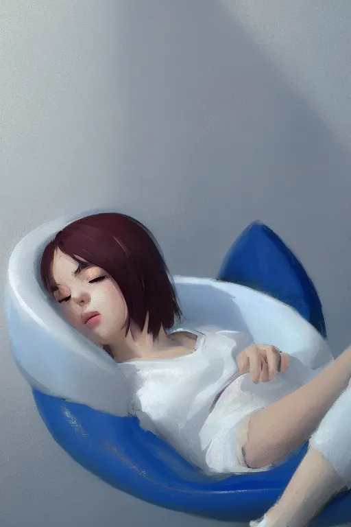 Image similar to a medium close-up of cute young woman lying in a ball chair listening to music with her eyes closed and wearing headphones, white bob cut hair, freckles, cozy setting, blue and white, warm lighting, cinematic, moody, nier automata, poster, oil on canvas, in the style of Ilya Kuvshinov, Krenz Cushart, Range Murata, Eero Aarnio, 8k