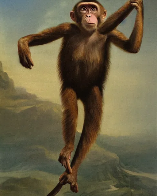 Image similar to a monkey in an oil painting, running freely, high detail, high polygon