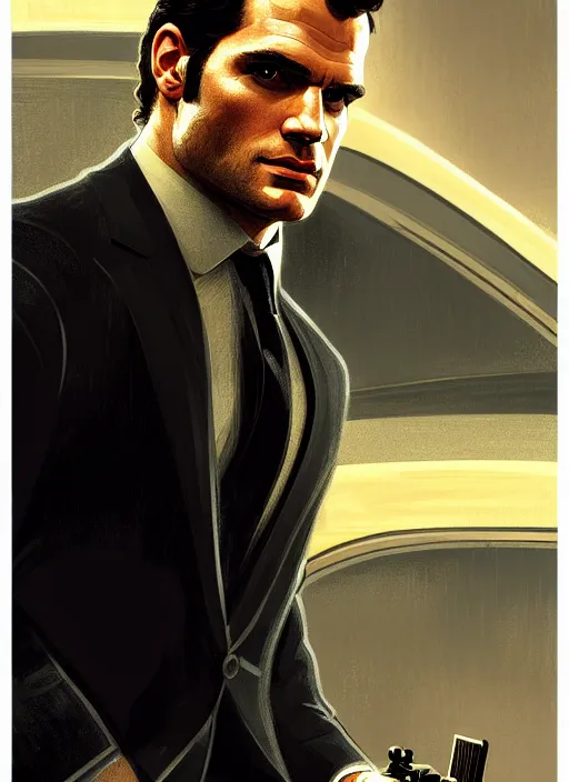 Image similar to portrait of henry cavill as james bond, casino, rain, aston martin, havana, highly detailed, digital painting, artstation, concept art, cinematic lighting, sharp focus, illustration, by gaston bussiere alphonse mucha