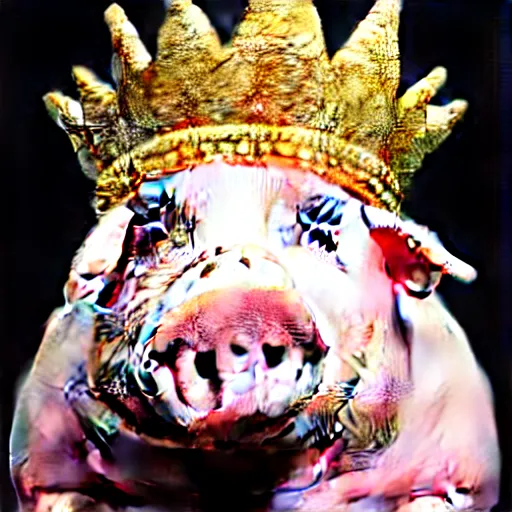 Image similar to !dream studio photograph of a pig wearing a gold crown eating bacon depicted as a muppet