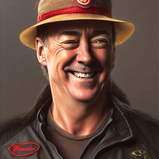 Image similar to A closeup of happy Neil Peart from Rush, highly detailed, by Greg Rutkowski, Raphael Lacoste, cgstation, 8k