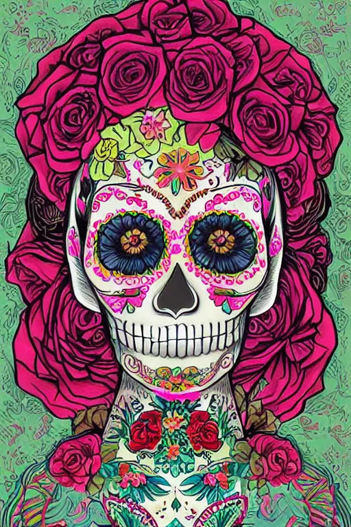 Image similar to illustration of a sugar skull day of the dead girl, art by lixin yin