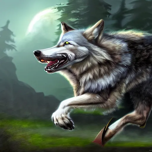 Image similar to wolf biting a sword while running, matte fantasy painting