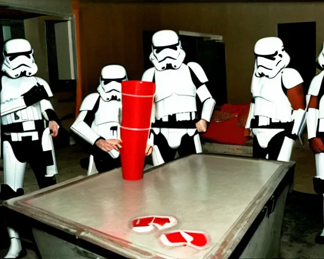 Image similar to stormtroopers playing beer pong holding red solo cups in tk-469s basement, 2003, disposable camera photo, cdx