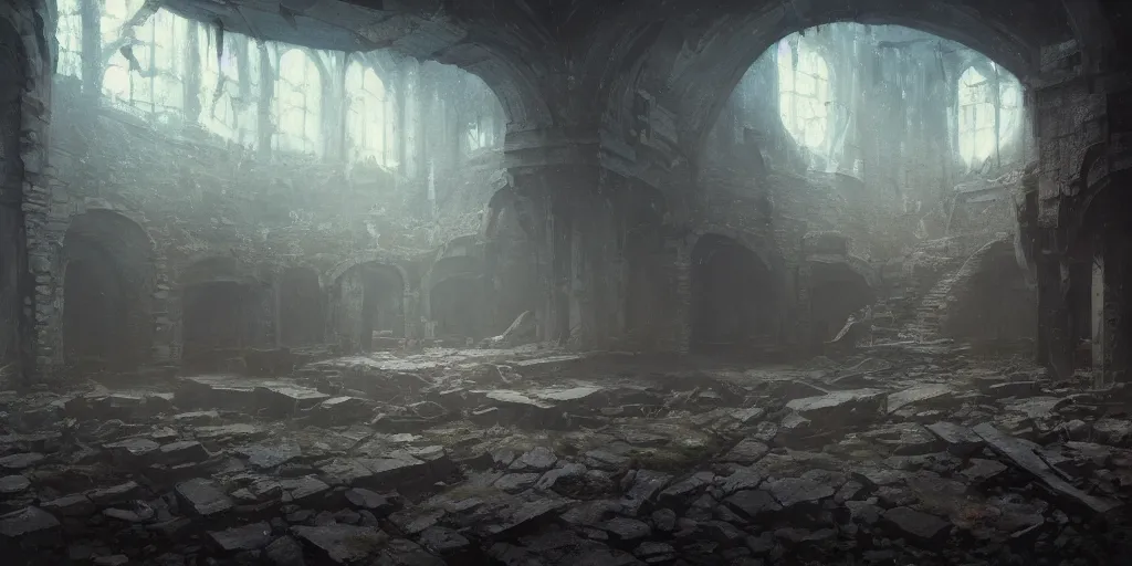 Image similar to Hyper realistic oil painting of the insides of an abandoned dwarven fortress, dark, torchlight, fantasy, cinematic lighting, broken furniture, dust, gloomy, by greg rutkowski, trending on artstation