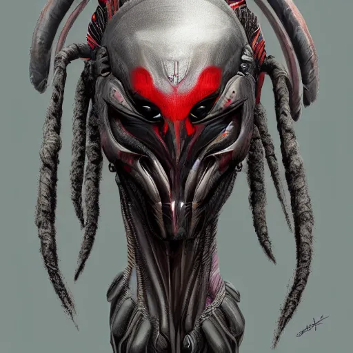 Prompt: character digital painting of an alien with dreadlocks and wearing grey high tech armor, The Predator, Yautja, hyperdetailed, trending on Artstation
