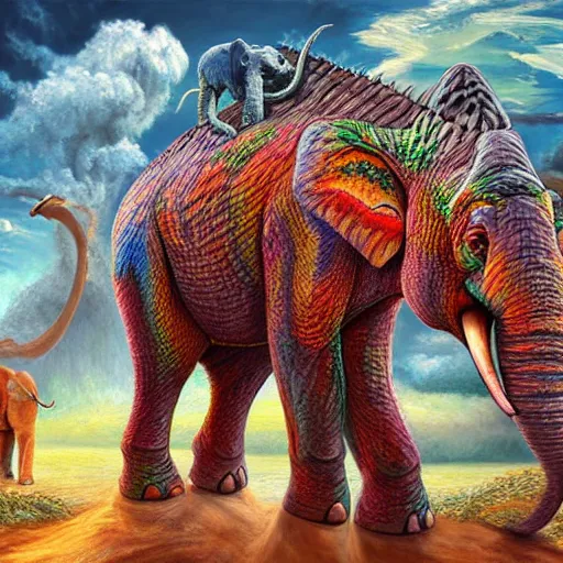 Image similar to hybrid animal cross between colorful stegasaurus and elephant on prehistoric landscape detailed oil painting 4k