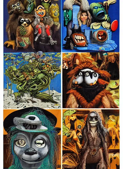 Image similar to portrait of raccoon surfer, amanita muppet punk, basil wolverton, r crumb, hr giger, dali