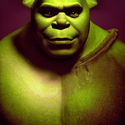 Prompt: photorealistic shrek in the style of michael whelan and gustave dore. hyperdetailed photorealism, 1 0 8 megapixels, fully clothed, lunar themed attire, amazing depth, glowing rich colors, powerful imagery, psychedelic overtones, 3 d finalrender, 3 d shading, cinematic lighting, face portrait, artstation concept art