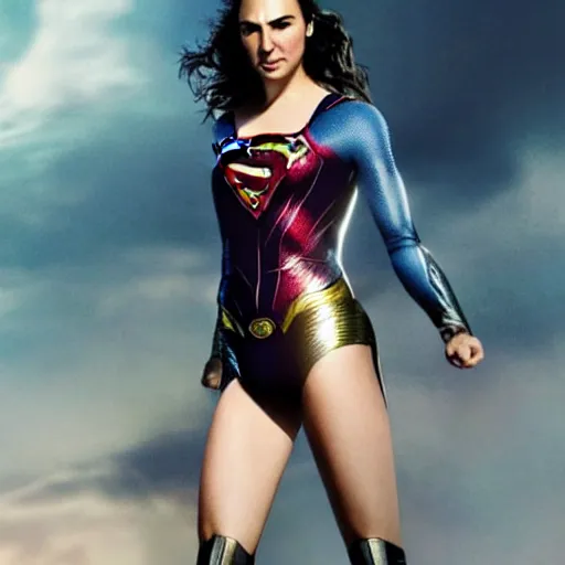 Prompt: an potrait of gal gadot cast of movie man of steel and wearing a superman suit, photorealistic high detail, full body shot, .