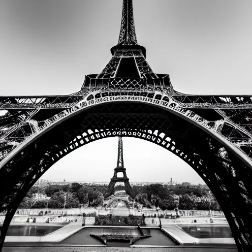 Prompt: a grainy black and white photograph of a rabbit posing in front of the eiffel tower