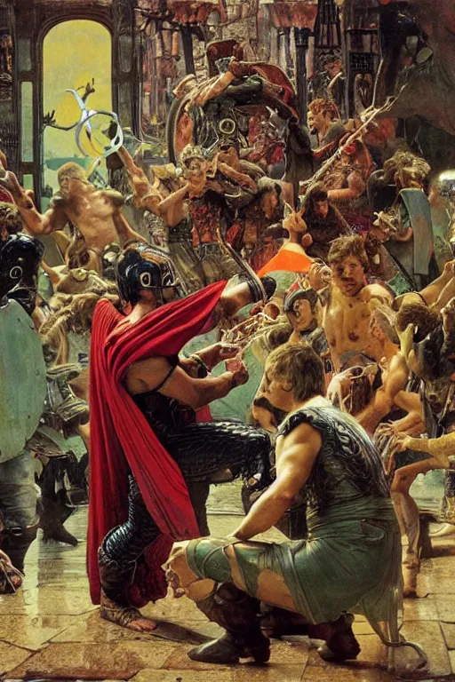 Image similar to thor drinking mountain dew during ragnarok, by lawrence alma tadema and zdzislaw beksinski and norman rockwell and jack kirby and tom lovell and greg staples