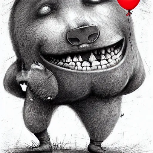 Prompt: surrealism grunge cartoon portrait sketch of a bear with a wide smile and a red balloon by - michael karcz, loony toons style, mad max style, horror theme, detailed, elegant, intricate