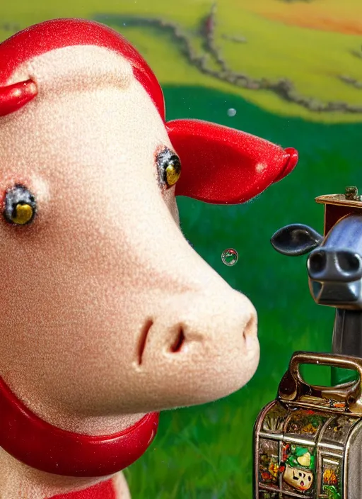 Image similar to highly detailed closeup, face profile portrait of a retro 1 9 5 0 s tin toy cow chewing cud on pasture, dream bubbles, unreal engine, nicoletta ceccoli, mark ryden, earl norem, lostfish, global illumination, detailed and intricate environment