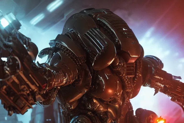 Prompt: VFX movie closeup portrait of a futuristic inhuman alien spacemarines Mech in future spaceship, firing gun at alien horde detailed creature skin neon lighting by Emmanuel Lubezki