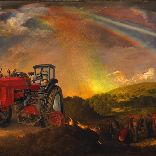 Prompt: a burning tractor over a rainbow as a baroque painting