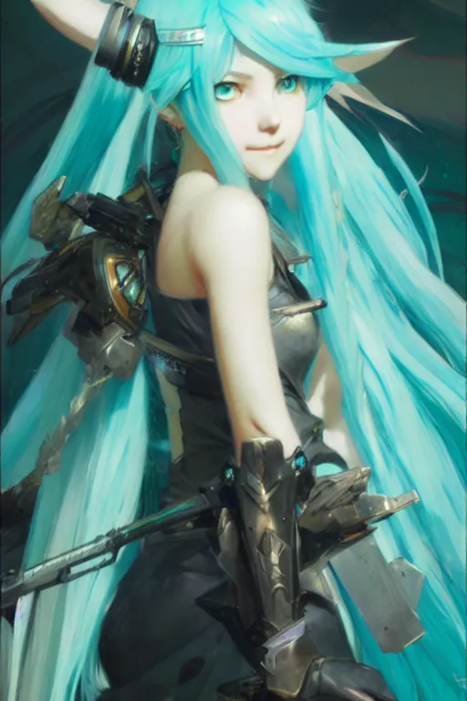 Prompt: hatsune miku portrait dnd, painting by gaston bussiere, craig mullins, greg rutkowski, yoji shinkawa