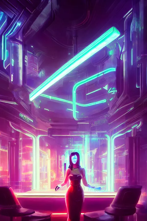 Prompt: futuristic bar, cyberpunk, fantasy, neon lights, sharp focus, intricate, elegant, digital painting, artstation, matte, highly detailed, concept art, illustration, ambient lighting, art by ruan jia and artgerm and range murata and wlop and ross tran and william, adolphe bouguereau and beeple