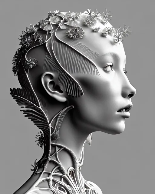 Image similar to bw 3 d render, beautiful angelic biomechanical albino girl cyborg with a porcelain profile face, rim light, big leaves and stems, roots, fine foliage lace, alexander mcqueen, art nouveau fashion embroidered collar, steampunk, silver filigree details, hexagonal mesh wire, mandelbrot fractal, elegant, artstation trending