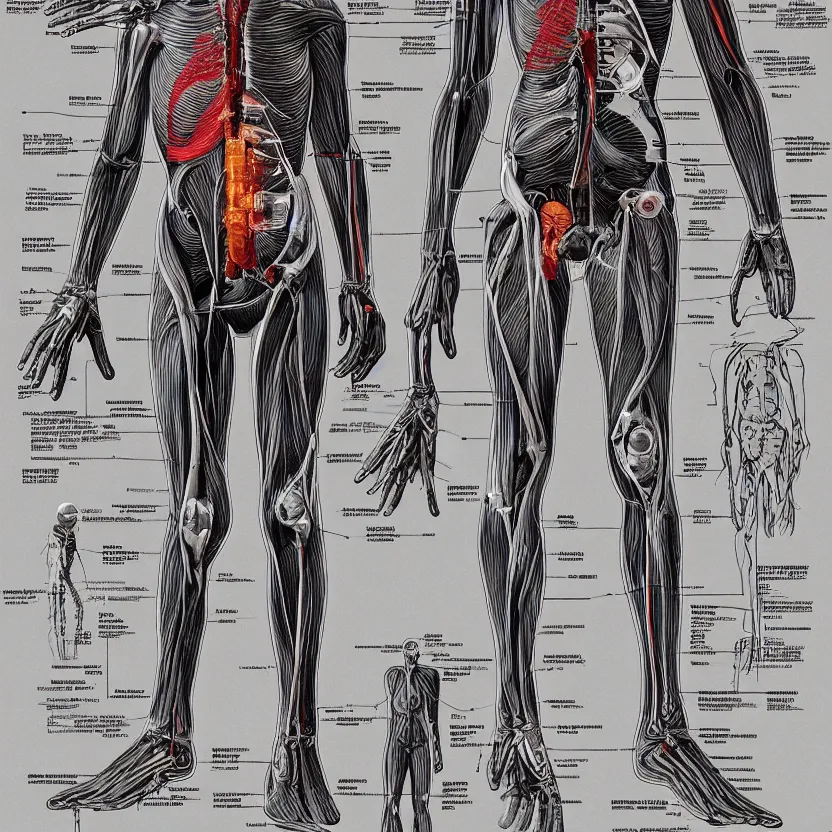 Prompt: a human anatomy diagram. pulp sci - fi art for omni magazine. high contrast. trending on artstation. retrofuturism.