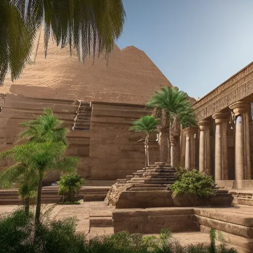 Prompt: ancient egyptian palace with plants and waterfalls, 3 d render, octane