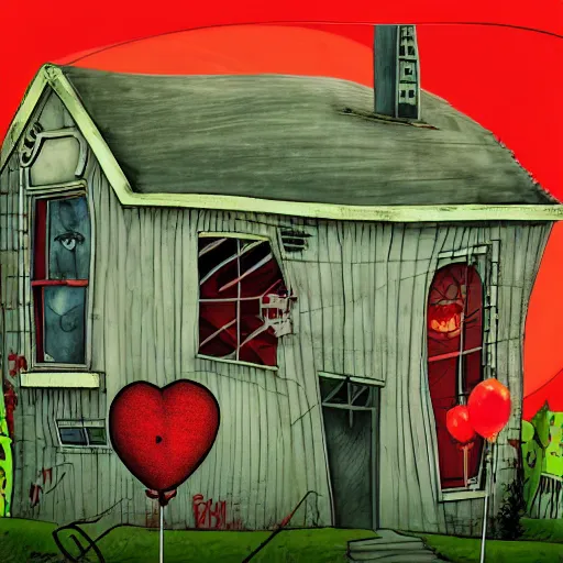 Image similar to grunge painting of a house with a wide smile and a red balloon by tim burton, loony toons style, pennywise style, corpse bride style, rick and morty style, creepy lighting, horror theme, detailed, elegant, intricate, conceptual