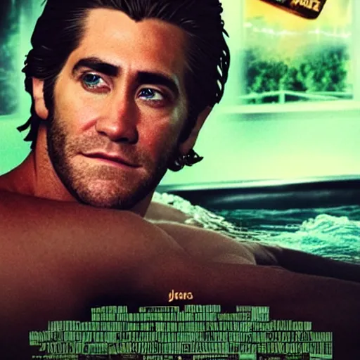 Image similar to a movie poster of Jake Gyllenhaal as patrick Swayze sitting in a hot tub in the movie Road House