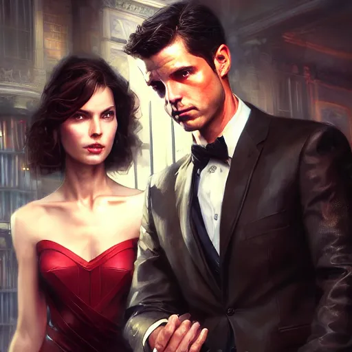 Image similar to daniel gerhartz and artgerm and wlop detailed portrait digital painting of a bruce wayne and selina kyle at a party in a mansion, mansion interior in the background, unreal engine, hyper realism, realistic shading, cinematic composition, blender render, octane render, hdr, detailed textures, photorealistic, 3 5 mm film