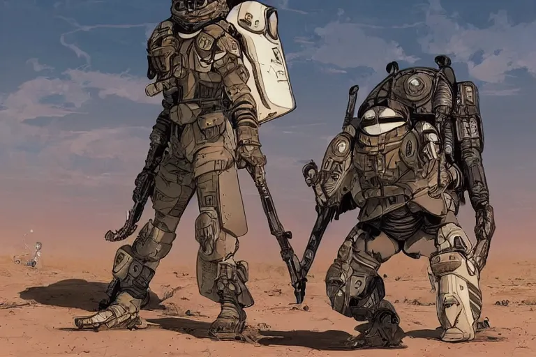 Image similar to rodent with white and black ancestral ornate japanese tactical gear on an abandonment desert planet, long shot, rule of thirds, golden ratio, graphic novel by fiona staples and dustin nguyen, by beaststars and orange, peter elson, alan bean, studio ghibli, makoto shinkai