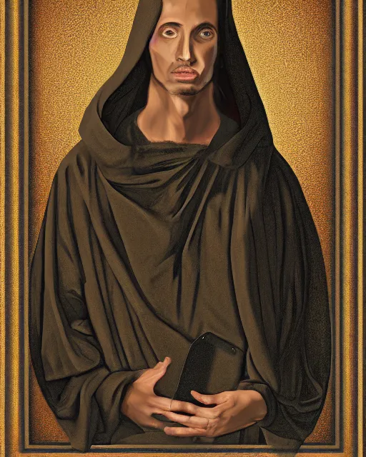 Prompt: digital art portrait of a young man in dark robes, hooded