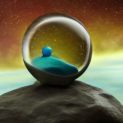 Prompt: a very high detailed illustration of a 3 d render image of a stone creature guarding a glass sphere filled with the galaxy, ultra high detail, very realist, 3 d render, soft lighting, sharp focus, fantasy, cosmic