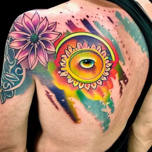 Image similar to shoulder tattoo of a meditating cute realistic bush baby, eyes are sparkeling rainbow spirals, glowing multicolored chakra symbols, surrounded with colorful lotus flowers, insanely integrate