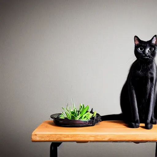 Image similar to studio photograph of a black cat sitting on a table