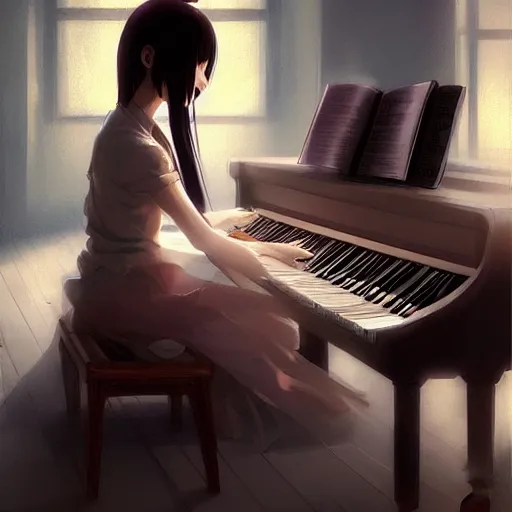 Image similar to anime girl Playing the Piano instrument , digital Art, Greg rutkowski, Trending cinematographic artstation