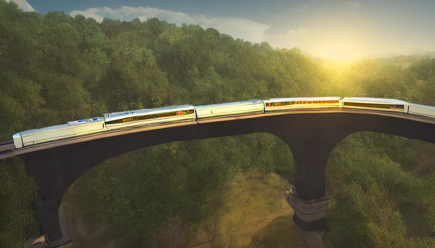 Prompt: futuristic train driving under aqueduct, green hills, matte painting, artstation, sunrise, blue sky, drone view
