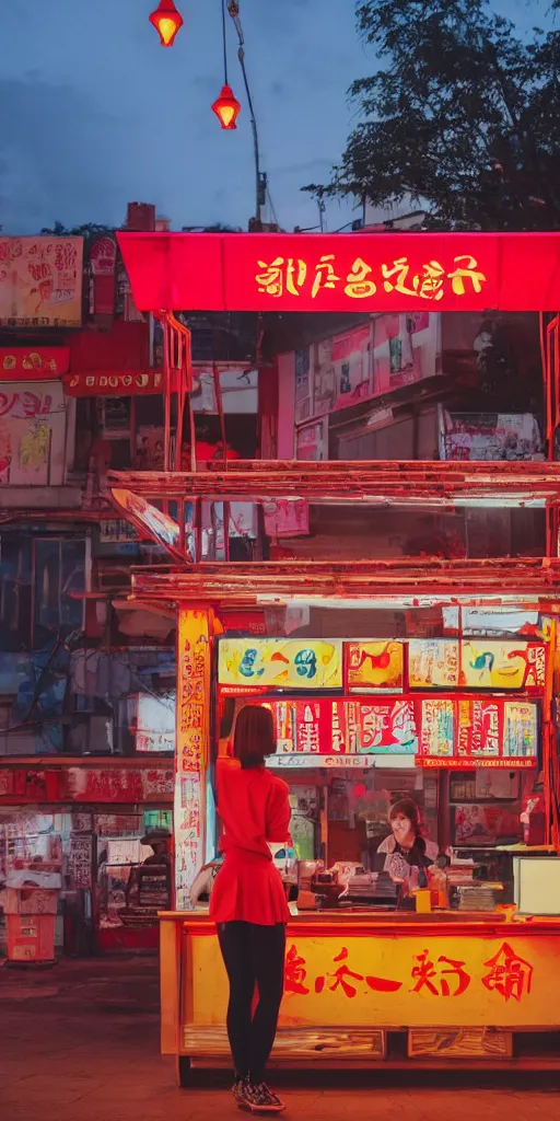 Prompt: movie still of a school girl at an outdoor noodle stand, hyper realism, rack focus, close establishing shot, empty street, monochromatic, red neon, soft dramatic lighting, 4 k digital camera