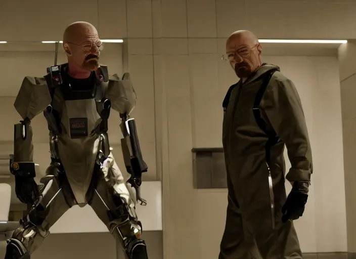 Image similar to film still of Walter White as Gordan Freeman wearing Black Mesa Jumpsuit in the Half Life Movie, 4k