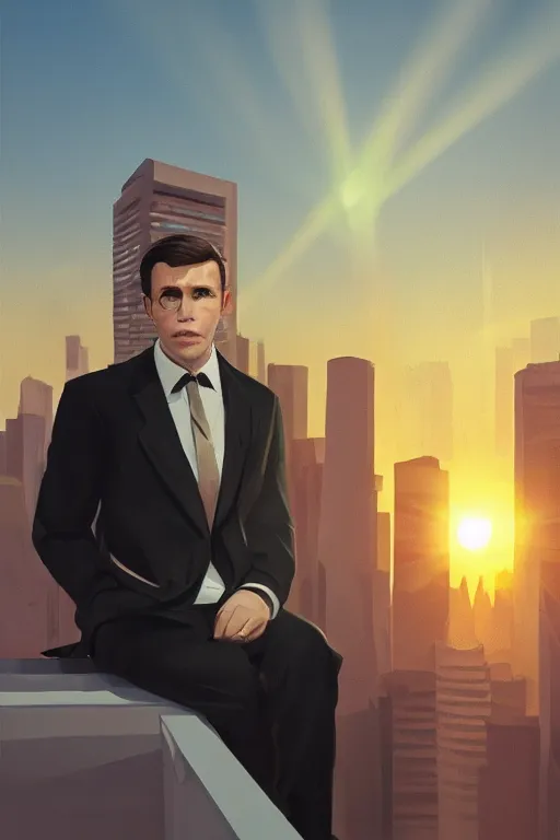 Image similar to ape wearing formal suit, cubical meeting room office, skyline showing from the windows, 8k hyper realistic, sunset, volumetric rays, fine art, artstation, matte painting, masterpiece by vasnetsov